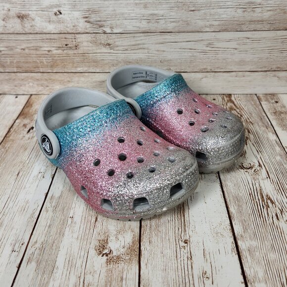 CROCS Toddler Baby 6C 6 Ombre Blue Pink Silver Glitter Slip On Clog Sandal Shoes - Picture 2 of 9